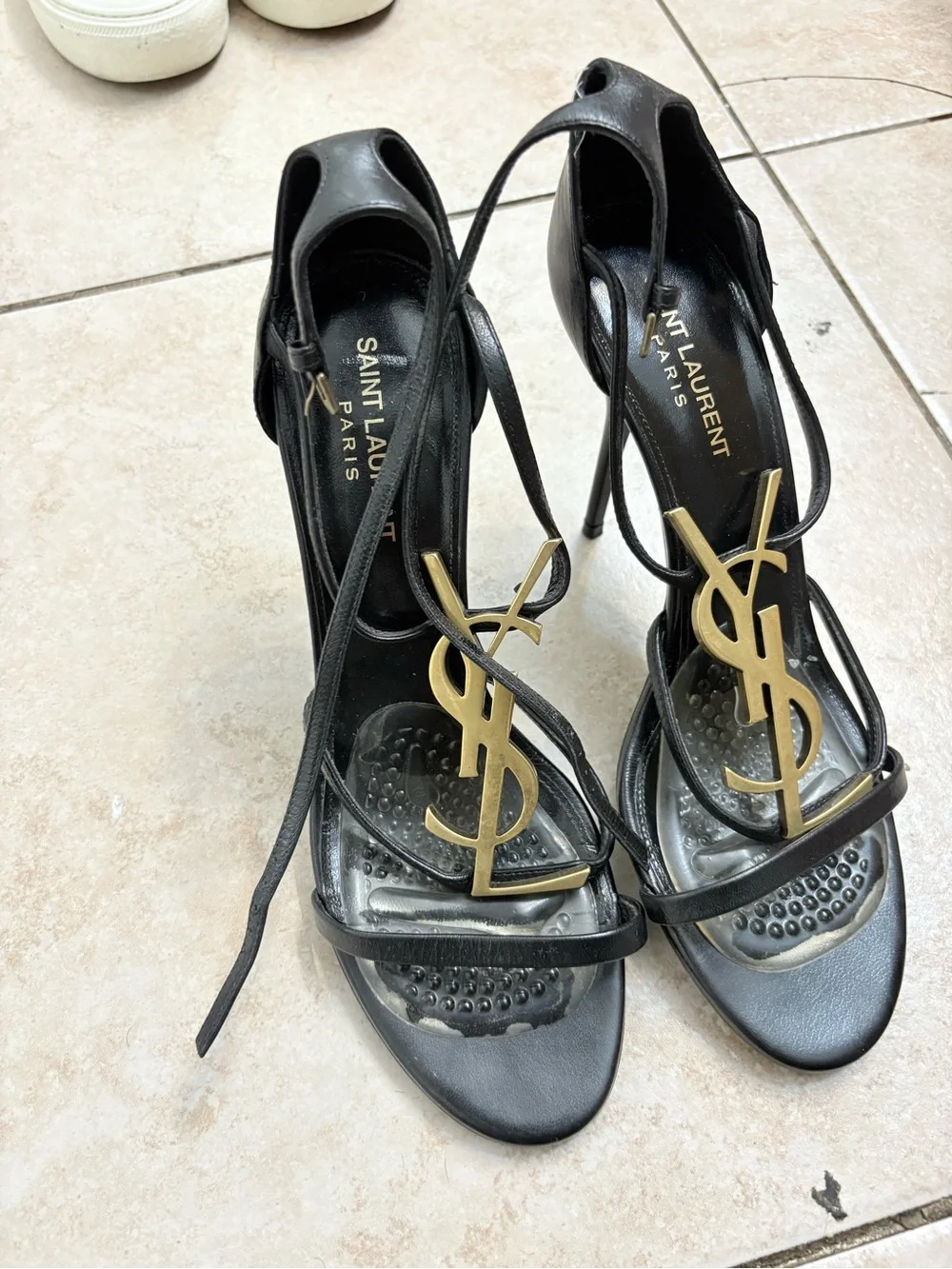 Saint Laurent Black Leather Heeled Sandals with Gold YSL Logo - Picture 4 of 4